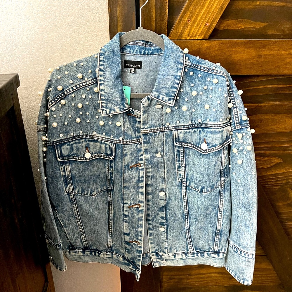 Denim jacket with pearls and rhinestones
